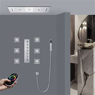 Bologna Chrome Rainfall Waterfall Mist Remote Controlled Luxurious Thermostatic LED Recessed Ceiling Mount Musical Shower System with Hand Shower and 6 Jetted Body Sprays