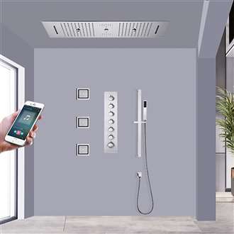 Brescia Chrome Musical Phone Controlled Thermostatic Luxurious Recessed Ceiling Mount LED Waterfall Rainfall Shower System with 3 Jetted Body Sprays and Hand Shower